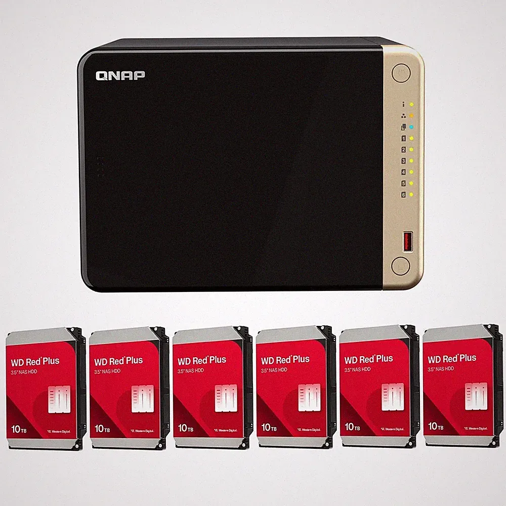 QNAP TS-664-8G 6-Bay Desktop NAS Enclosure, Bundle with 6x WD Red Plus 10TB 3.5"